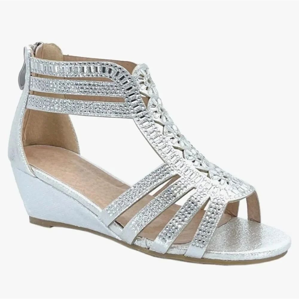 BRAND NEW FOREVER PEEP- TOE GLITTER GLADIATOR LOW WEDGE HEEL SANDALS